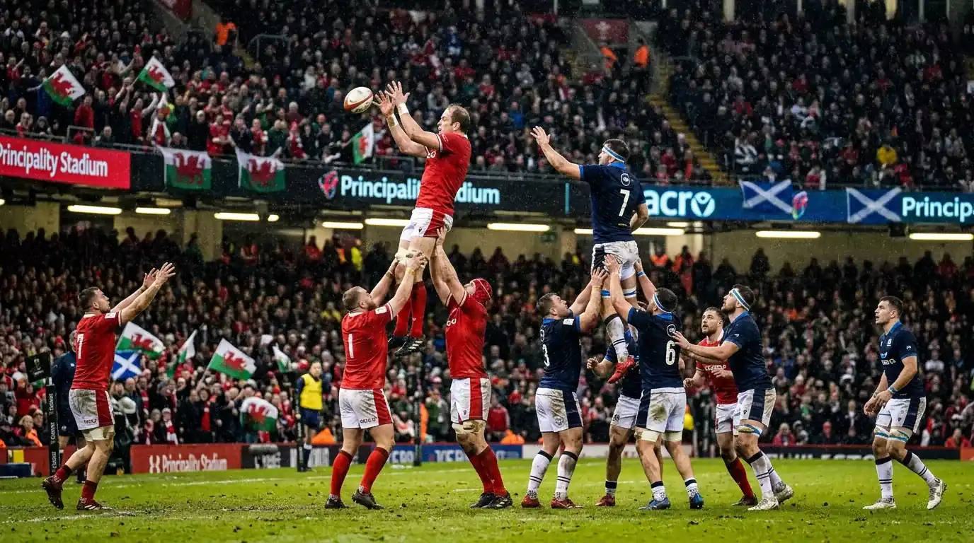 Spieler zweier Mannschaften kämpfen um den Ball bei einem Six Nations Rugby-Spiel auf nassem Rasen